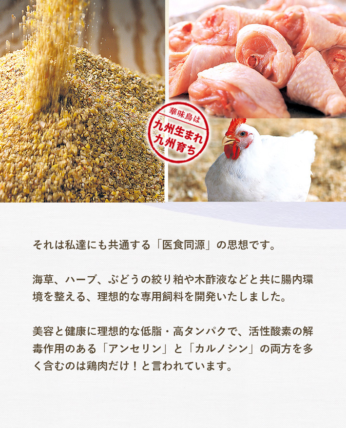 良質の餌は海藻、ハーブ、ぶどうの絞りカスや木酢液などとともに腸内環境を整える、理想的な専用飼料を開発しました
